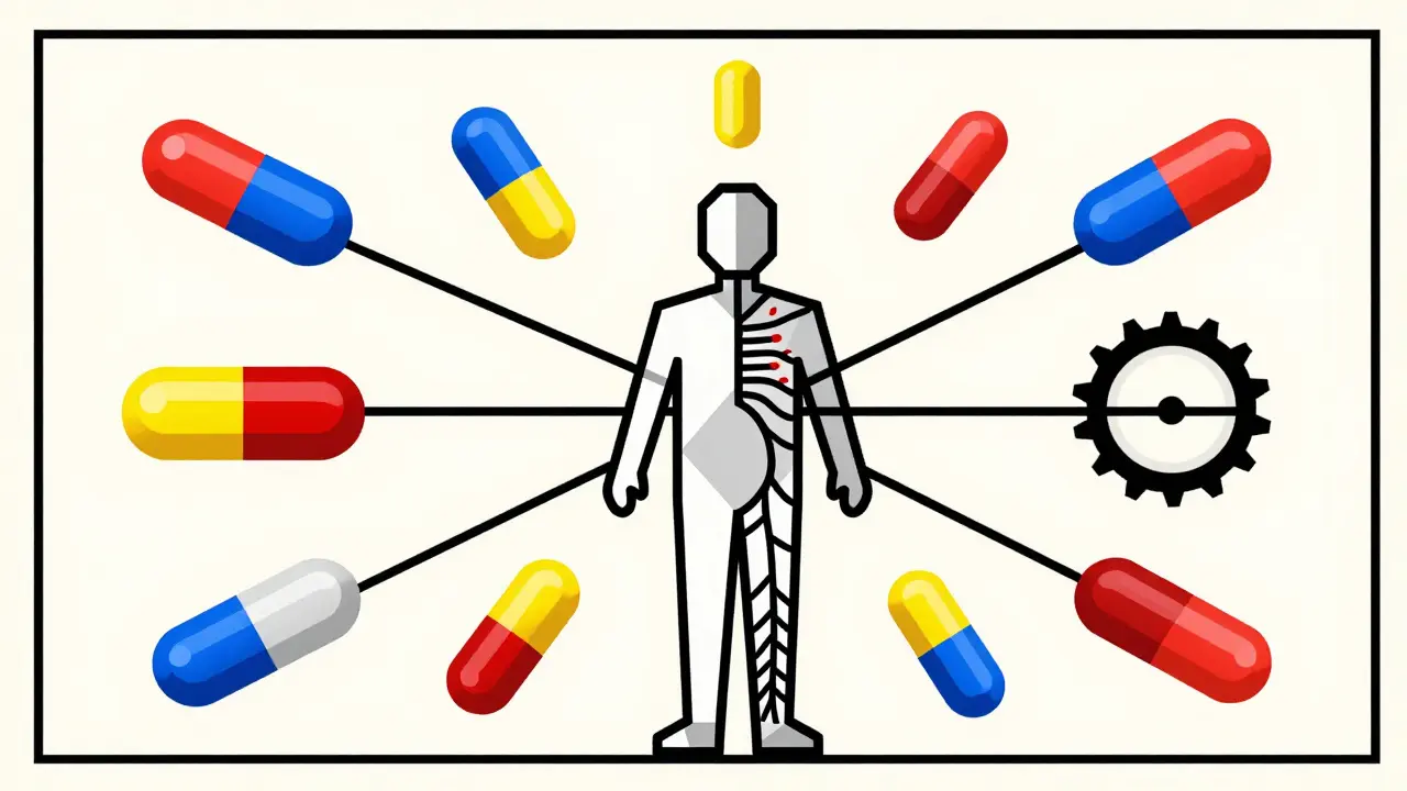 Composizione geometrica Bauhaus che mostra l'effetto di più farmaci sulle ghiandole salivari.