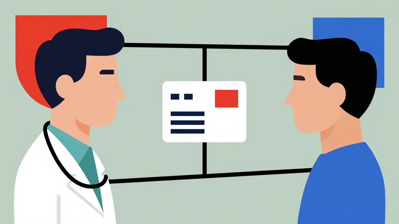 Concetto di telemedicina in stile Bauhaus con profili geometrici collegati da una linea digitale.