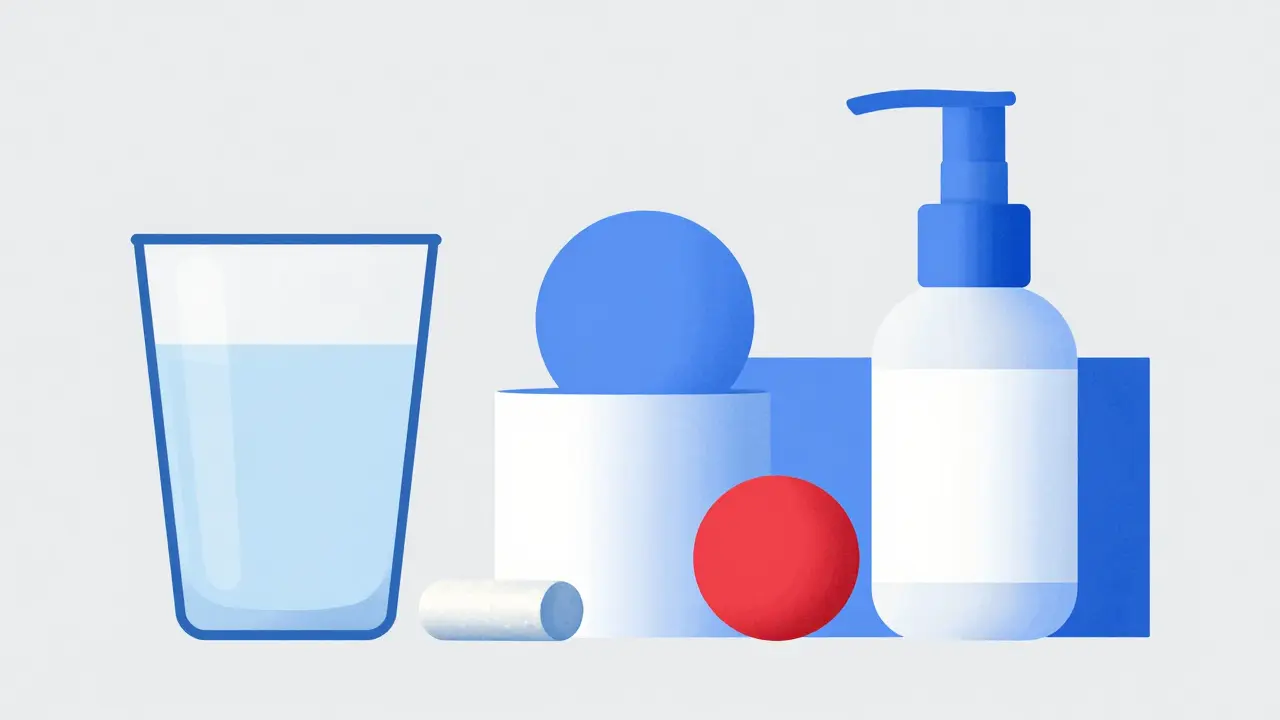 Elementi geometrici Bauhaus che rappresentano rimedi per la bocca secca come acqua e spray.