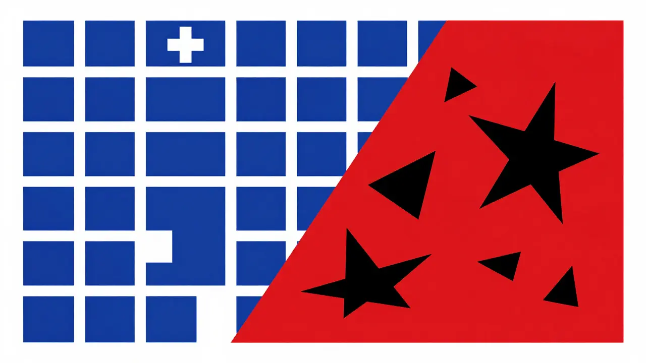 Grafica Bauhaus che contrappone una farmacia sicura e organizzata a una fonte rischiosa.