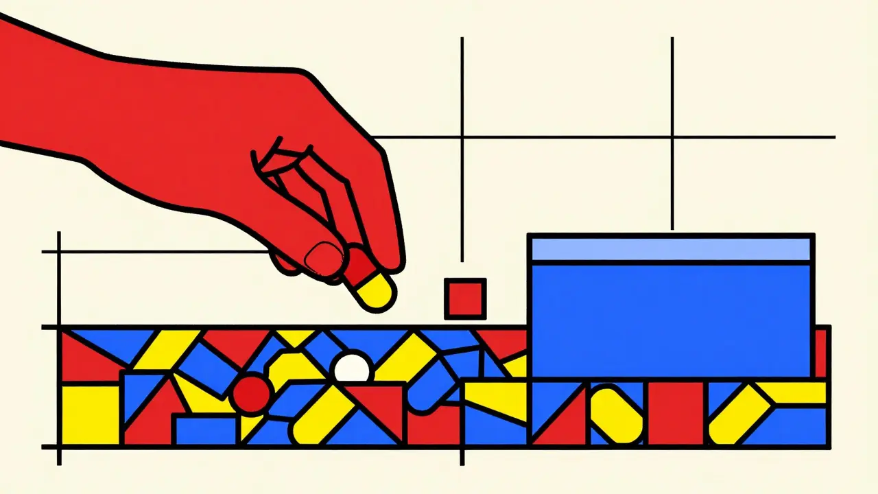 Grafica Bauhaus che mostra la rimozione di un farmaco e l'inizio di una terapia medica per i reni.