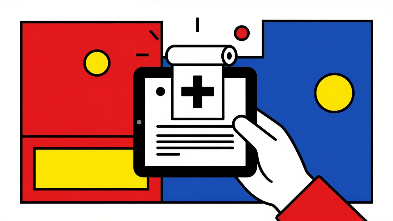 Illustrazione Bauhaus di una prescrizione medica digitale e una farmacia online sicura.