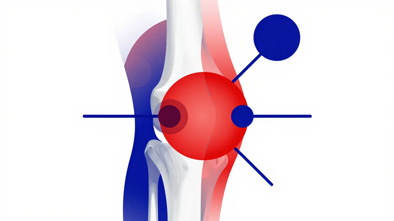 Rappresentazione astratta Bauhaus di un'articolazione e l'effetto di un farmaco antinfiammatorio.