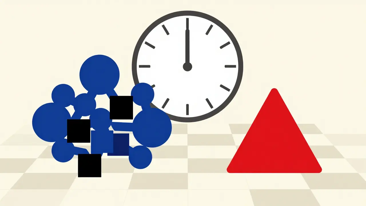 Rappresentazione Bauhaus di una partita a scacchi tra brevetti complessi e una sfida legale.