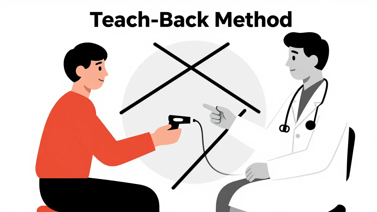 Rappresentazione stilizzata Bauhaus del metodo Teach-Back tra operatore e paziente.