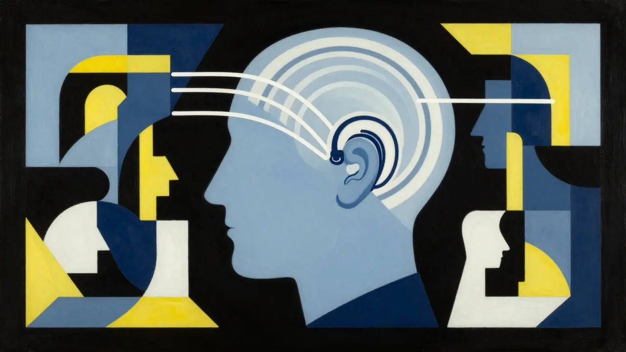 Arte concettuale Bauhaus che mostra la chiarezza del parlato nel rumore grazie agli apparecchi acustici