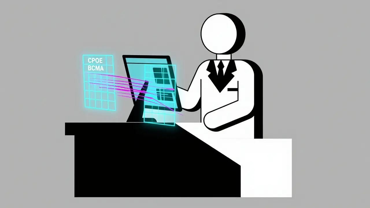 Farmacista stilizzato e sistemi digitali astratti per la prevenzione degli errori