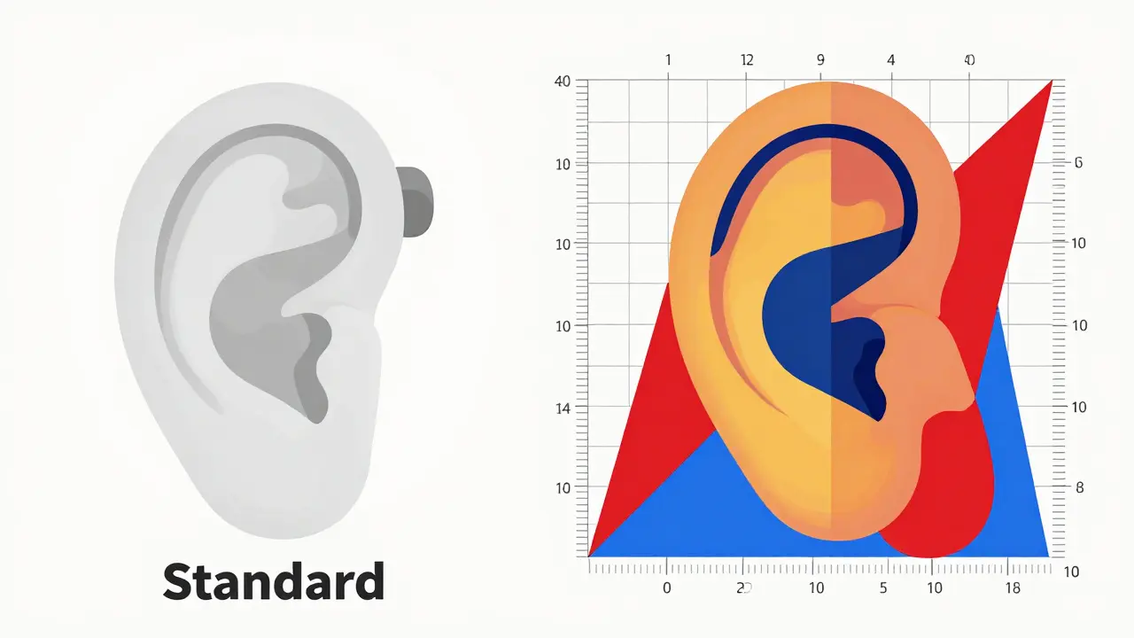 Grafica stilizzata Bauhaus che confronta il fitting standard con la verifica personalizzata dell'orecchio