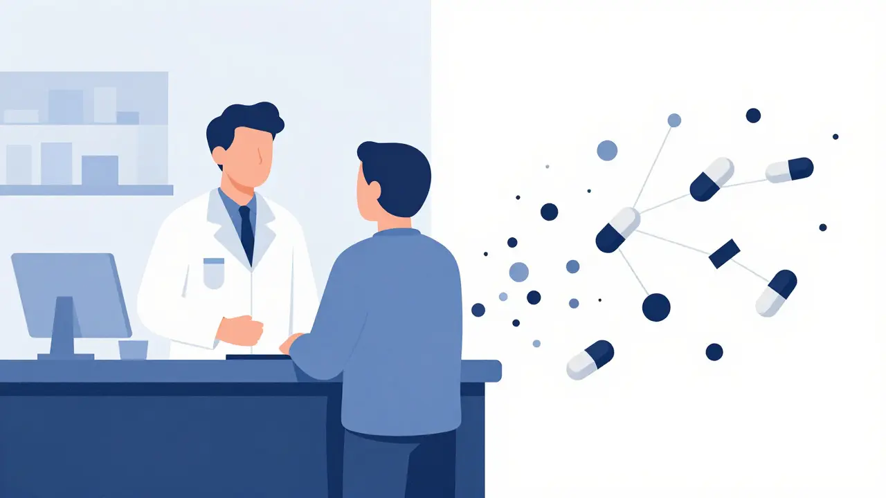 Illustrazione Bauhaus sul confronto tra farmacia locale e posta per sicurezza
