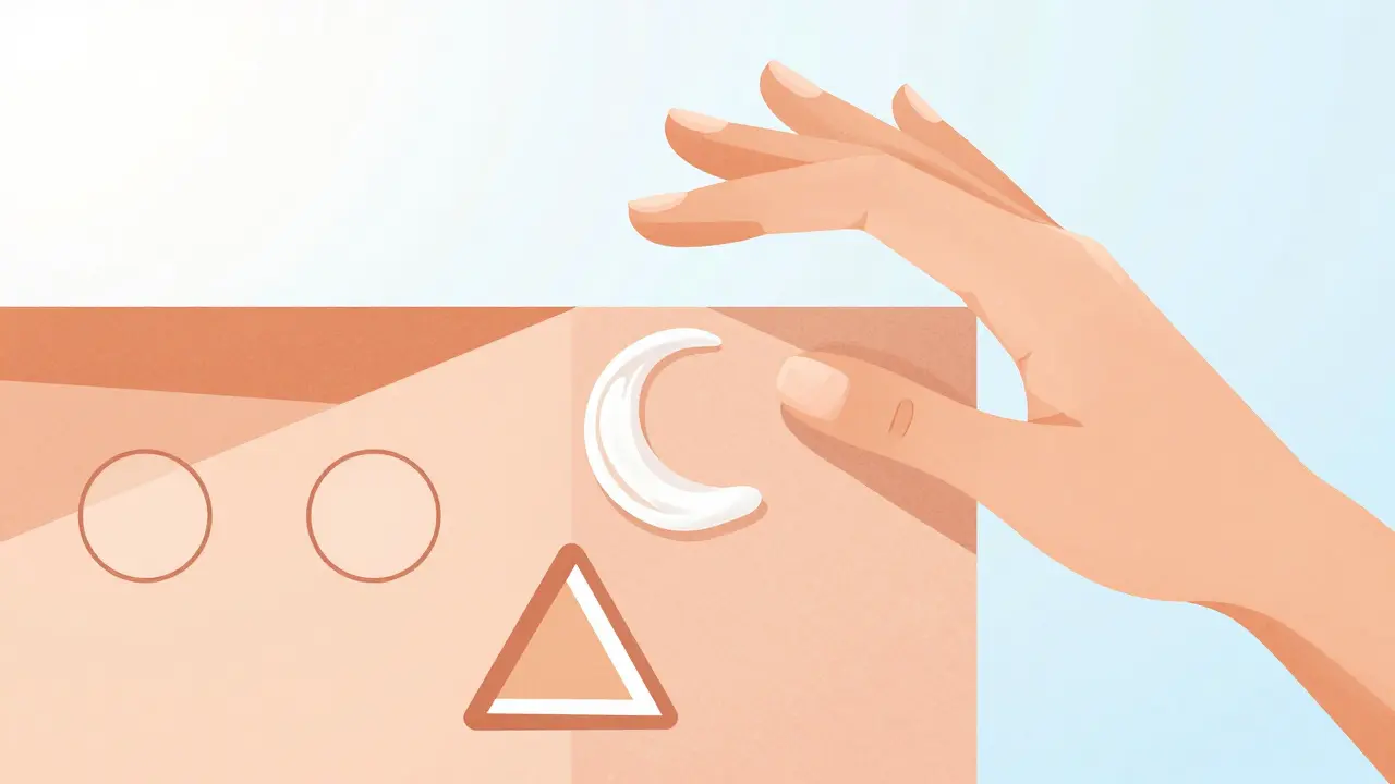 Illustrazione minimalista Bauhaus che mostra l'applicazione delicata della crema e la protezione solare.