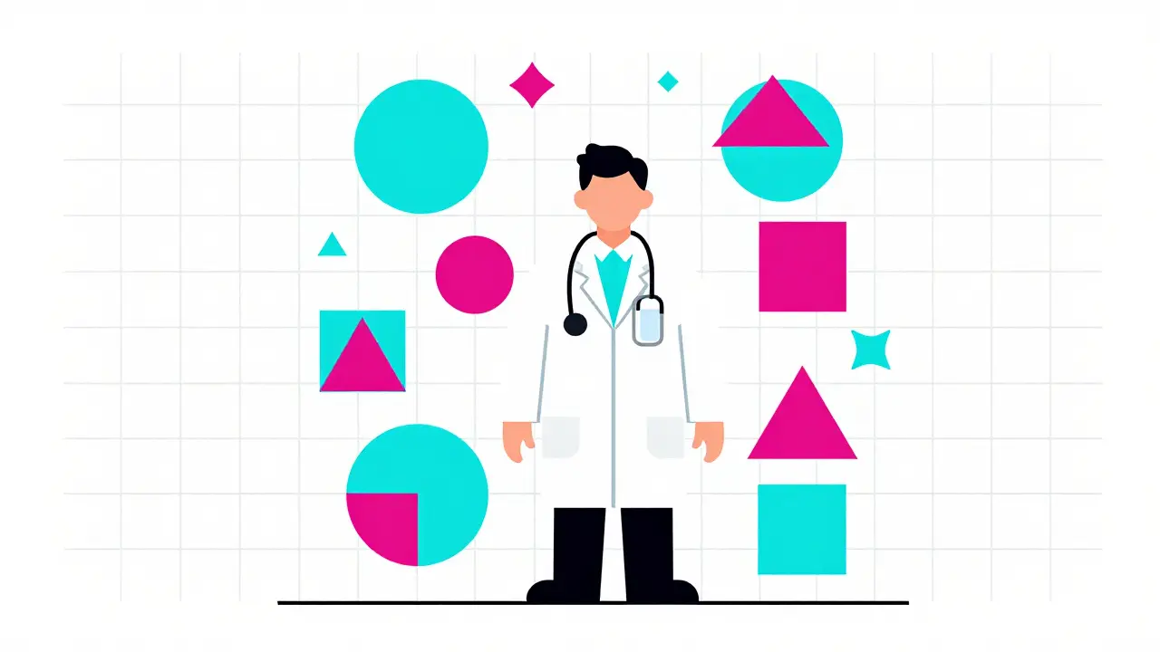 Soluzioni sanitarie futuristiche rappresentate da geometrie Bauhaus colorate