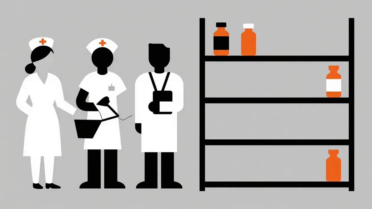 Stile Bauhaus che mostra carenze di personale e farmaci vuoti in ospedale