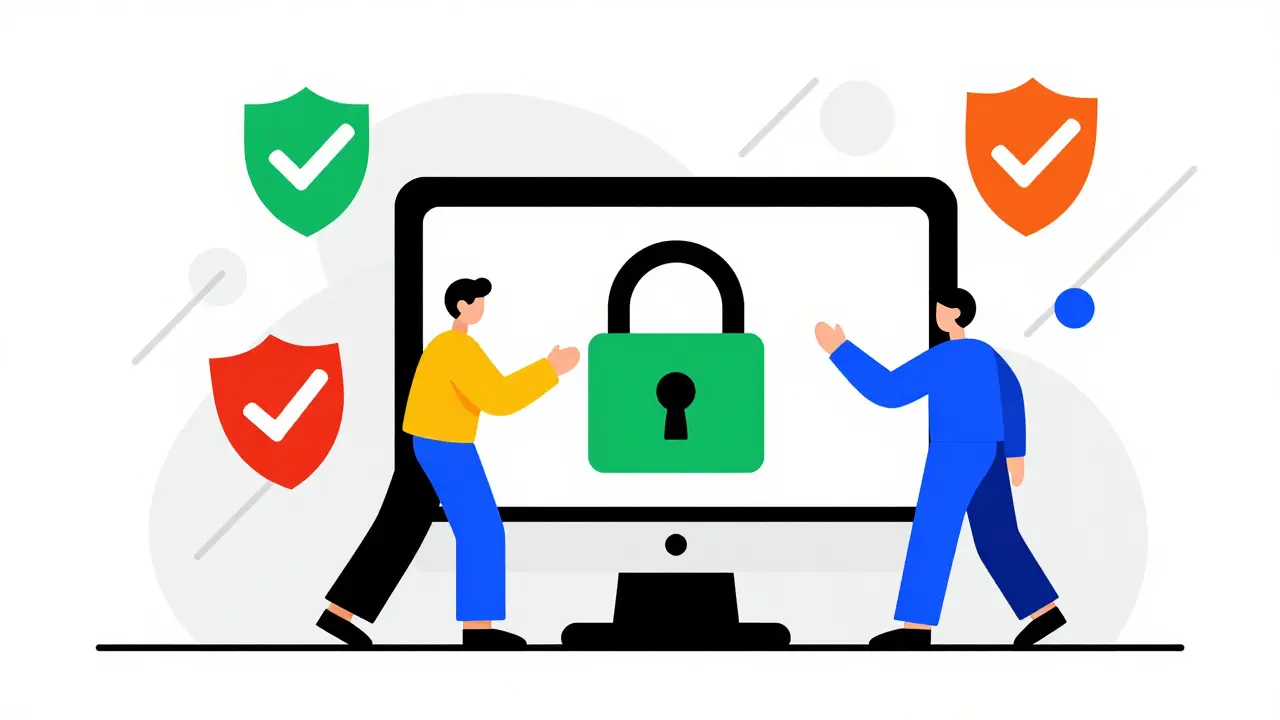 Acquisto sicuro online con simboli di protezione