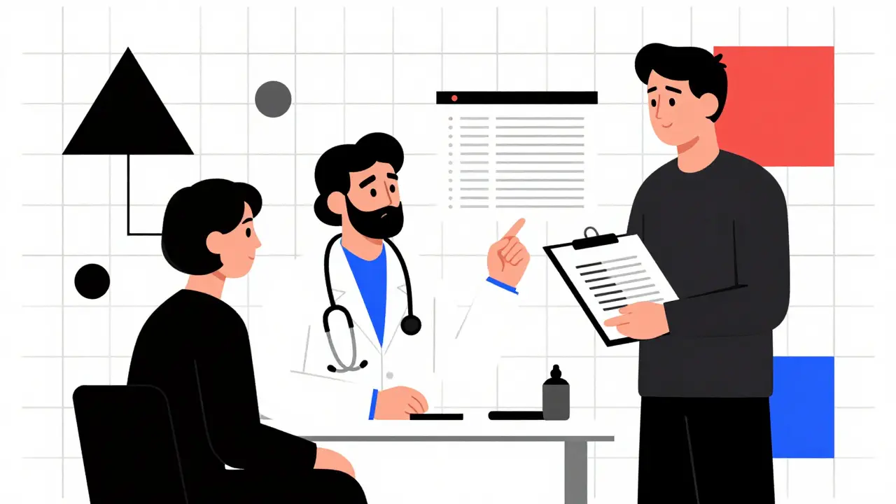 Consulenza medica con paziente e avvocato in stile Bauhaus