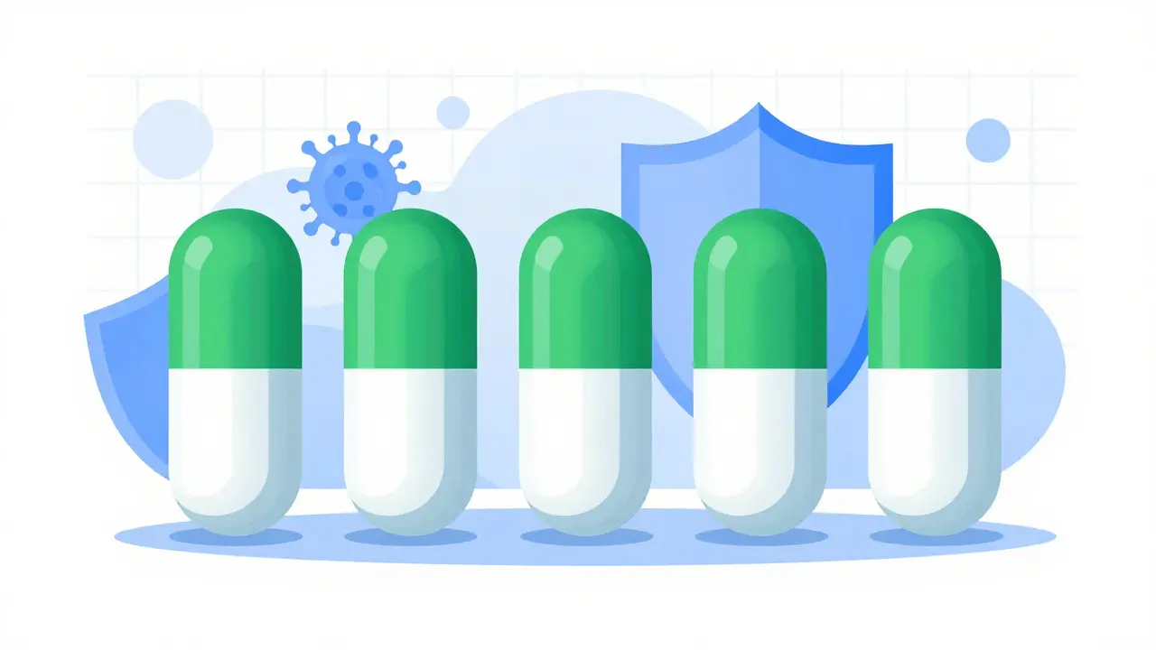Illustrazione Bauhaus di pillole geometriche e scudi blu per la terapia antivirale