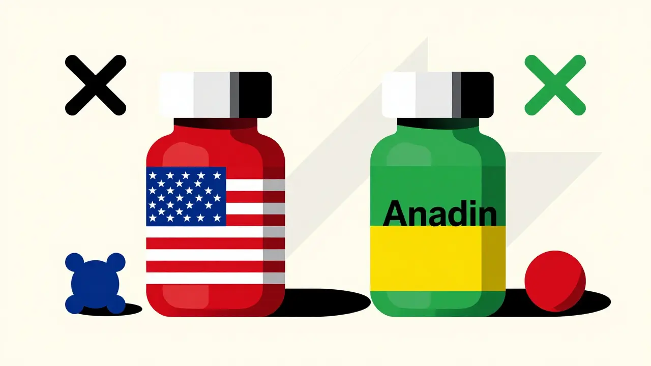 Confronto geometrico in stile Bauhaus tra bottiglie di medicine americane ed europee