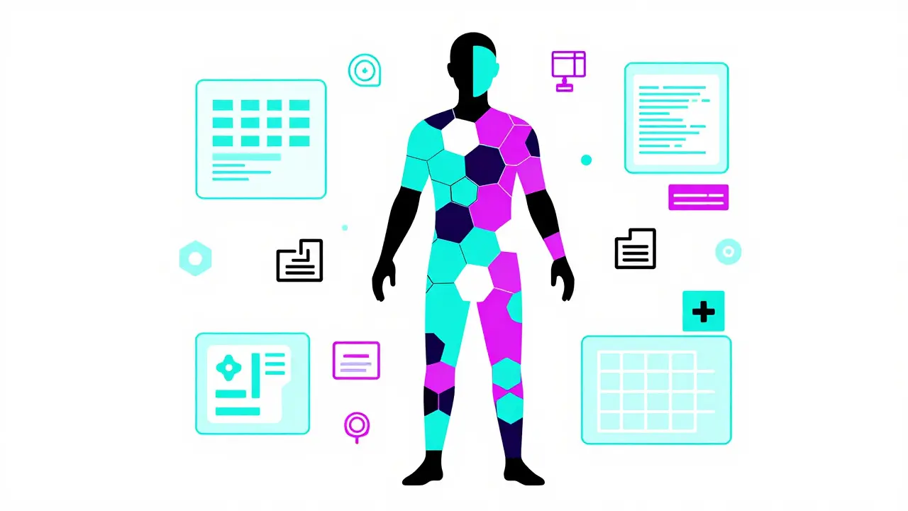 Silhouette umana geometrica circondata da elementi digitali per medicina personalizzata