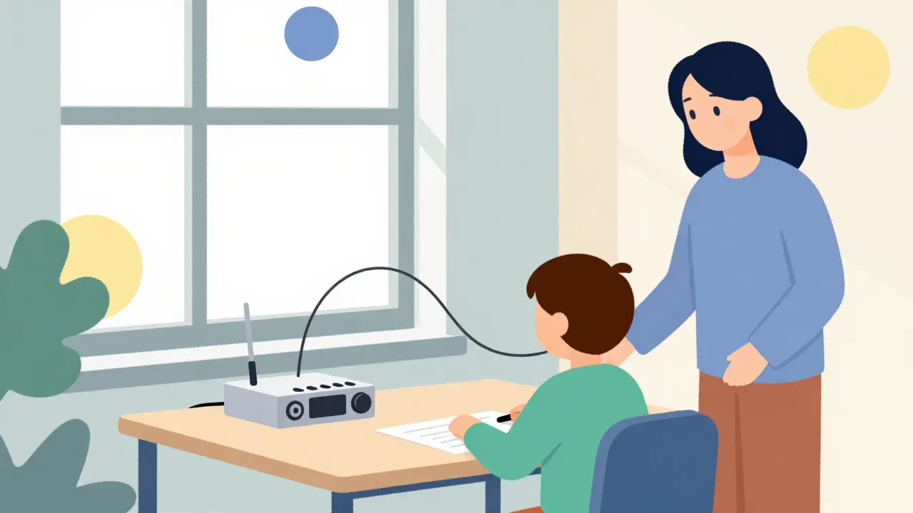 Ambiente scolastico ordinato con dispositivi di supporto uditivo