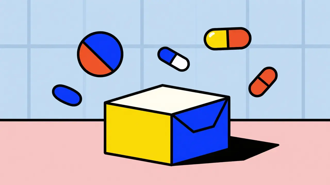 Consegna sicura di farmaci rappresentata da scatole e forme geometriche minimaliste