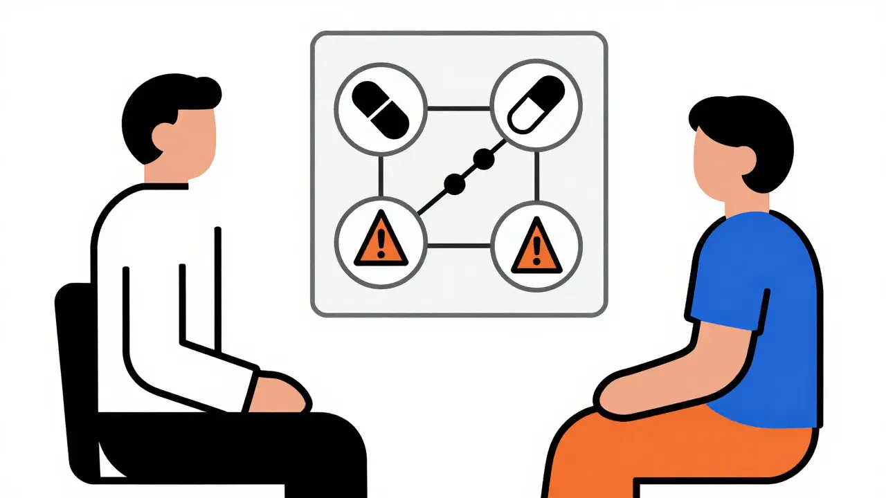 Consulto medico astratto con grafici geometrici che collegano farmaci e sintomi