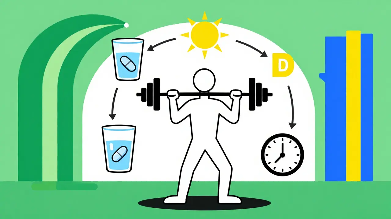Figura che fa esercizio fisico con elementi protettivi come vitamina D e integratori in stile Bauhaus