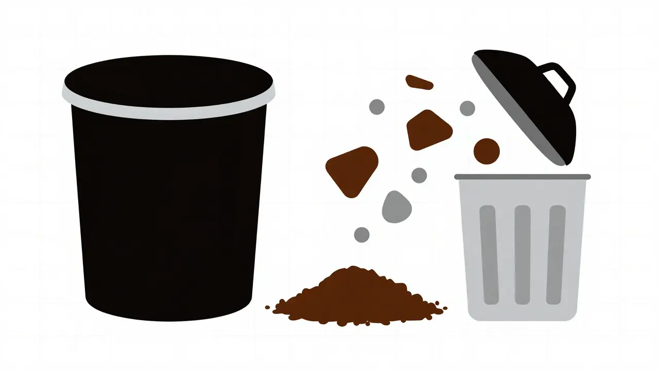 Illustrazione Bauhaus: smaltimento sicuro farmaci con fondi di caffè