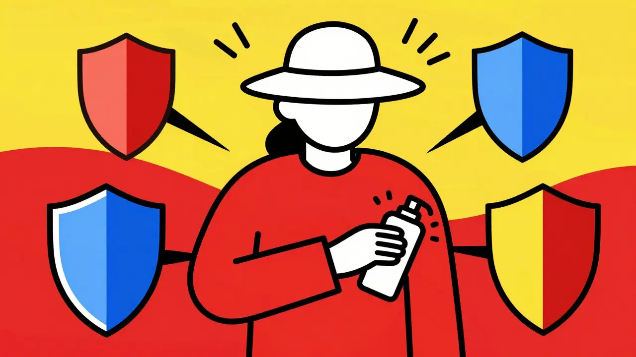 Personaggio in stile Bauhaus che si applica crema solare e indossa un cappello