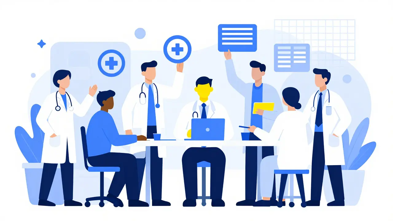 Personale sanitario stilizzato che collabora su soluzioni