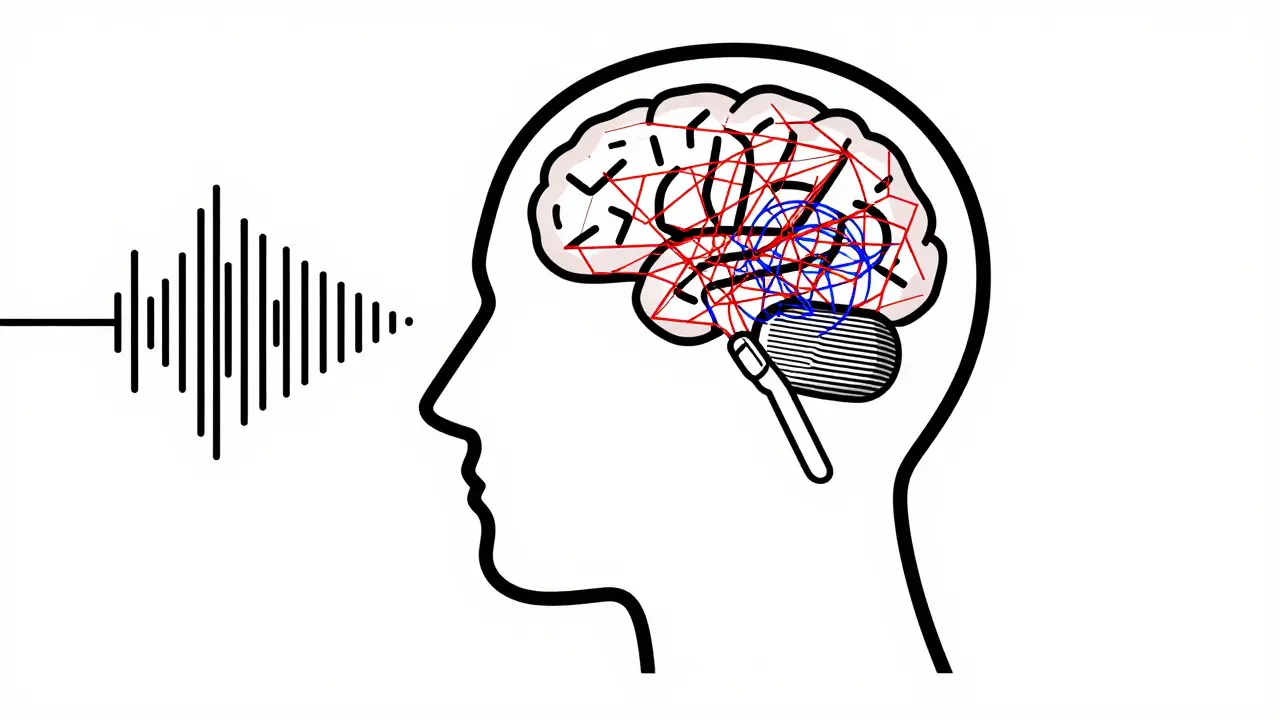 Testa stilizzata con onde sonore caotiche all'interno del cervello